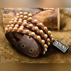 Honora Wrist Band Genuine Leather w/ Authentic Pearls Sz 6.5 - 7.5